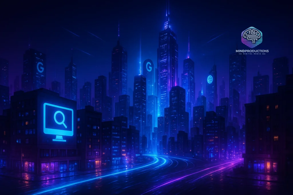 tráfego orgânico digital em cidade futurista azul e púrpura