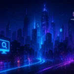 tráfego orgânico digital em cidade futurista azul e púrpura
