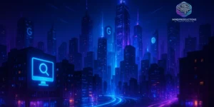 tráfego orgânico digital em cidade futurista azul e púrpura